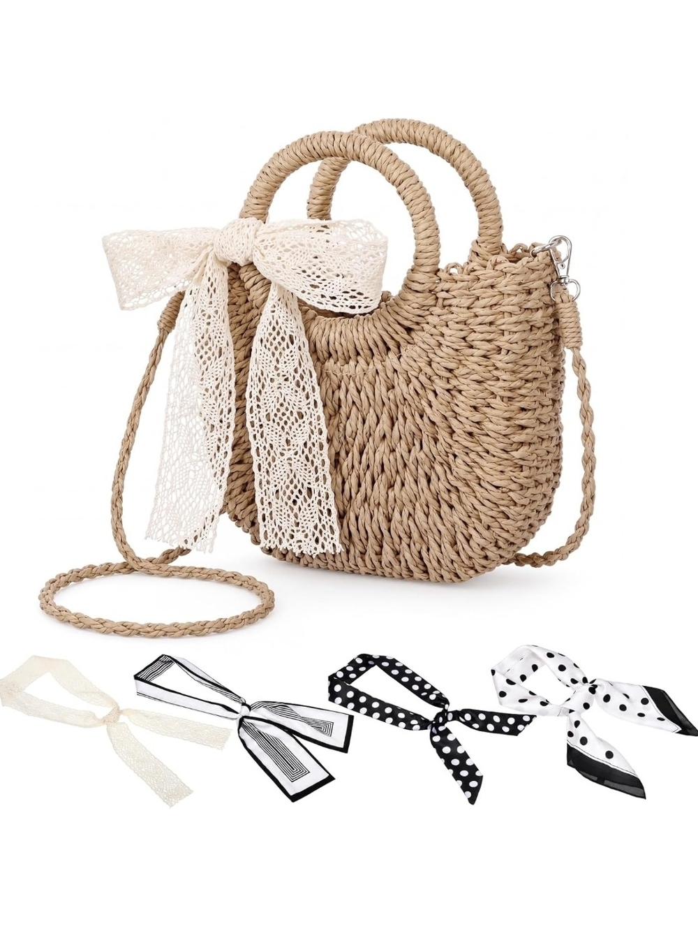 Woven Straw Circle Handle Crossbody Bag with Lace Bow - Beige